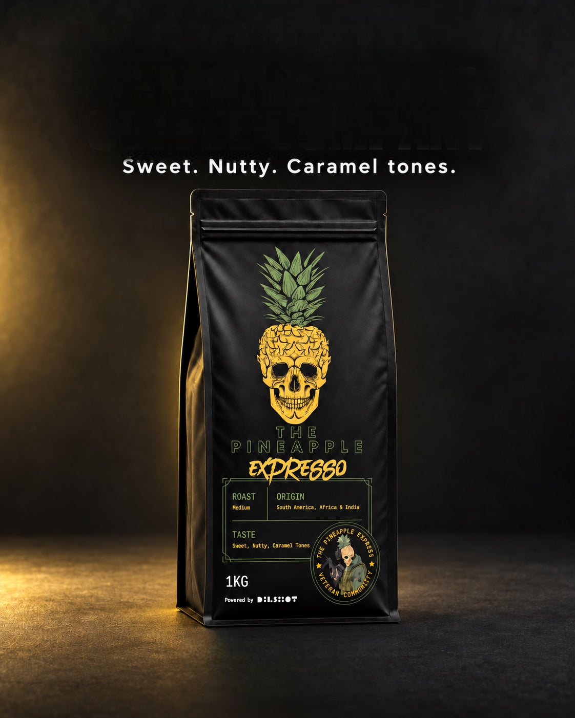 The Pineapple Expresso 1kg coffee bag with sweet, nutty and caramel tasting notes.